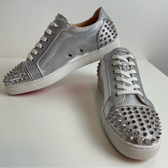 Christian Louboutin Low Sneaker Vieira 2 Spike Men 45.5 Silver Glittered Leather - Picture 3 of 15